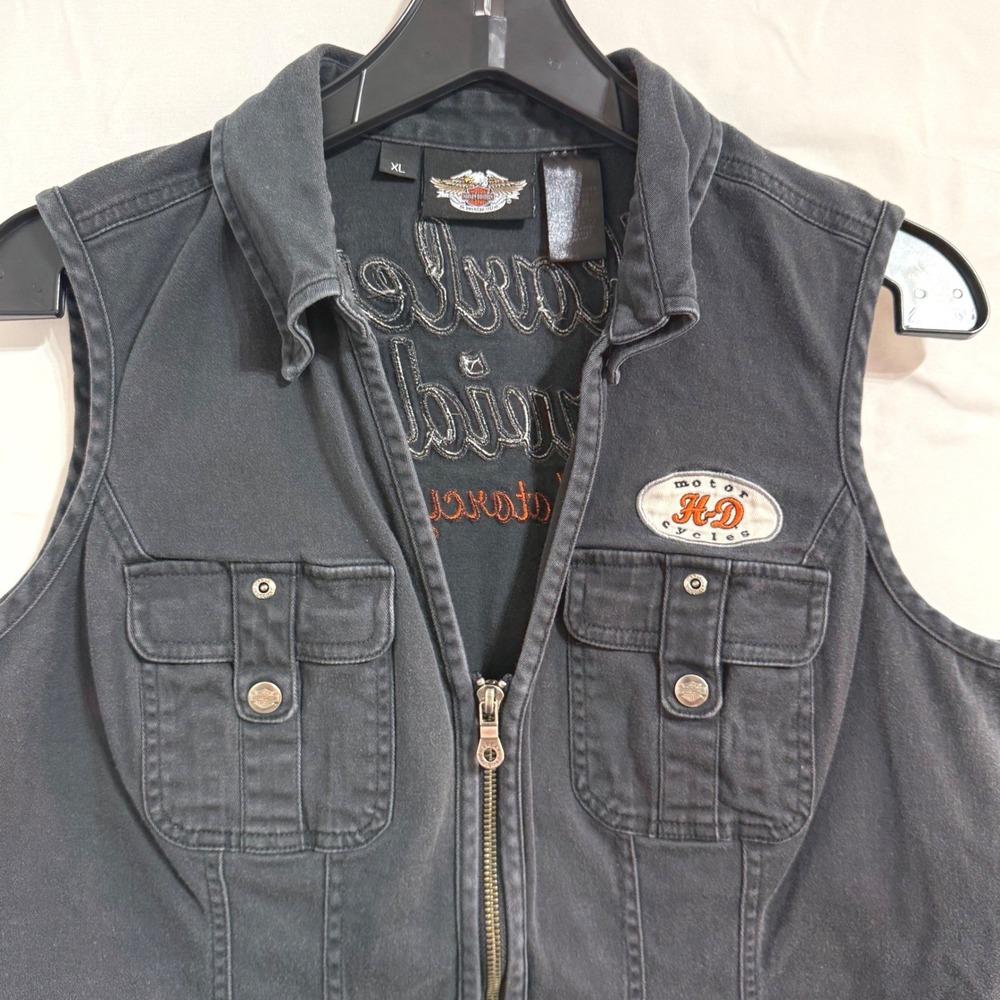 Harley Davidson Womens XL Black Embroidered Moto Vest Y2K Fitted 2009 - Picture 5 of 14